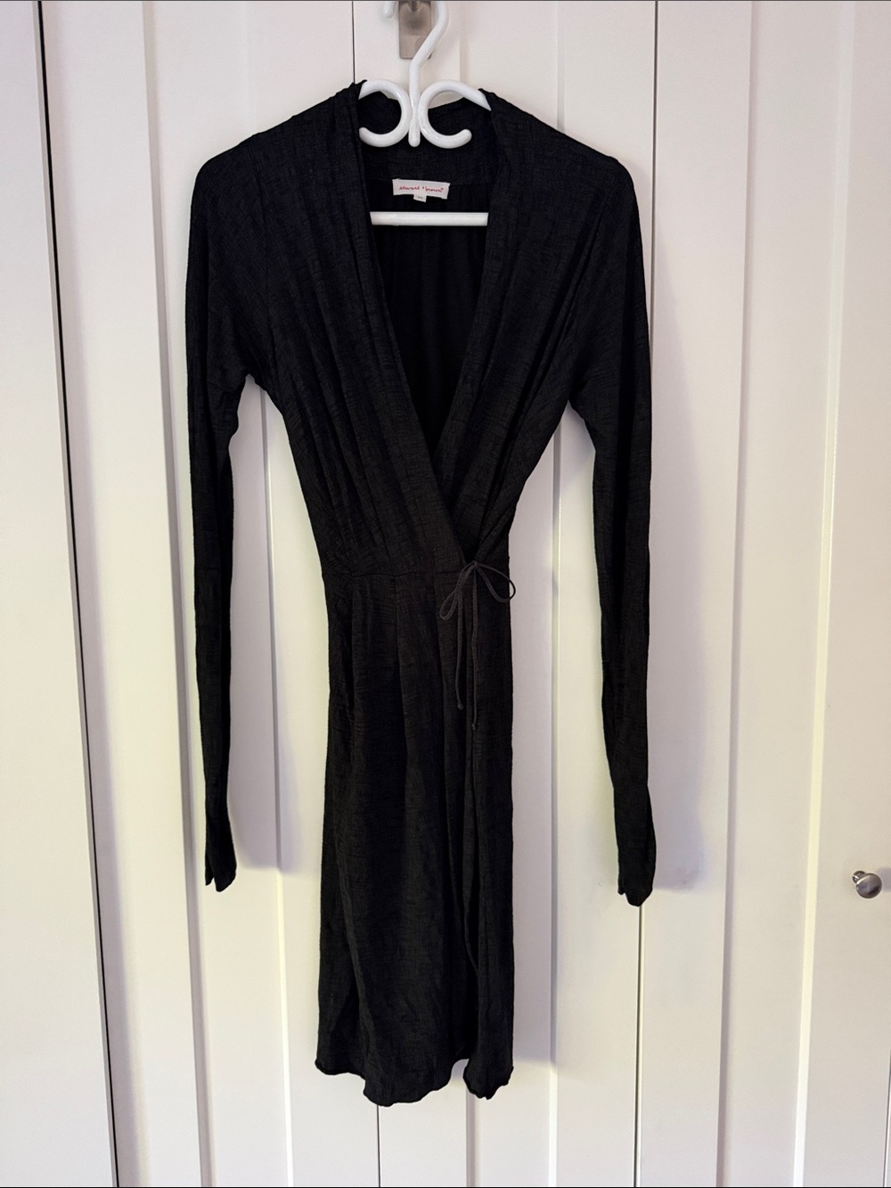 Stewart & Brown Organic Hemp Black/Grey texture Wrap Midi Dress with Tie Waist